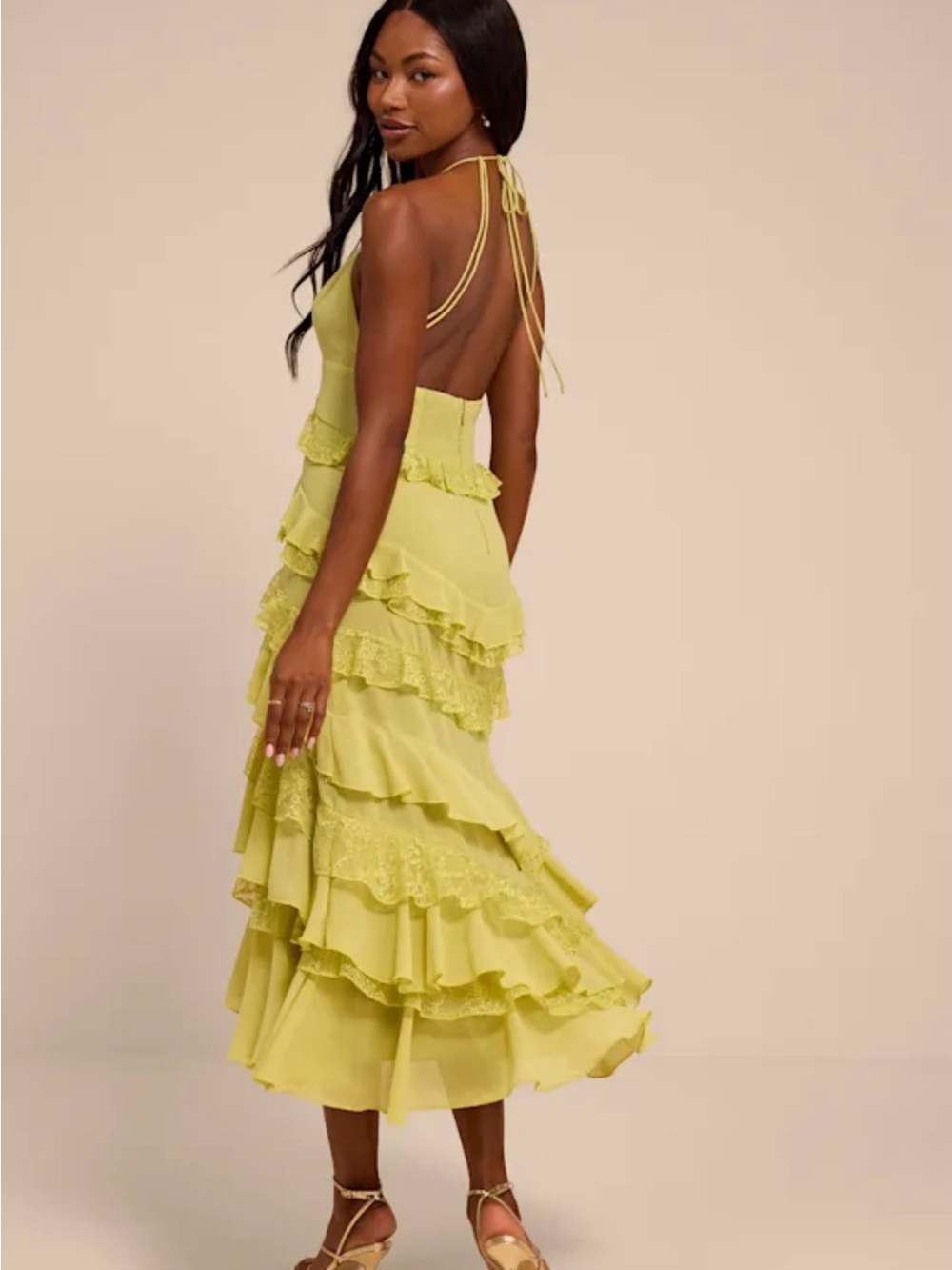 Lulus - NEW- “Melena Chartreuse Ruffled Lace Midi Dress Green” - Size L - Picture 3 of 5